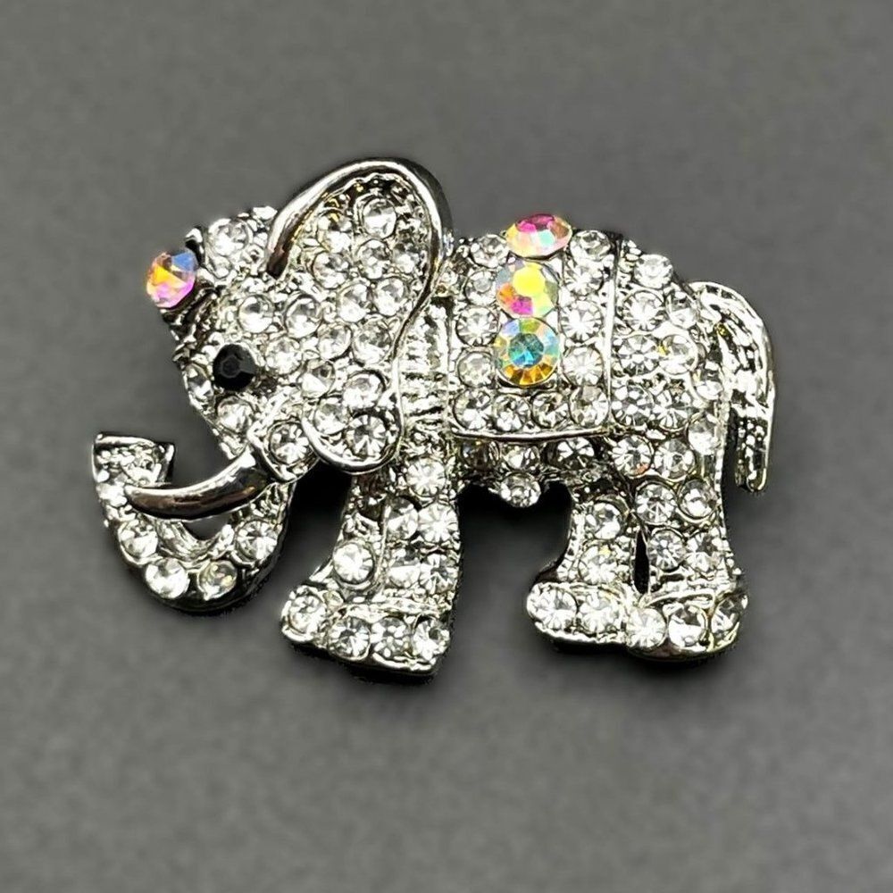 Silver with White Diamond AB and Black Onyx Crystal Elephant Pin Back Brooch